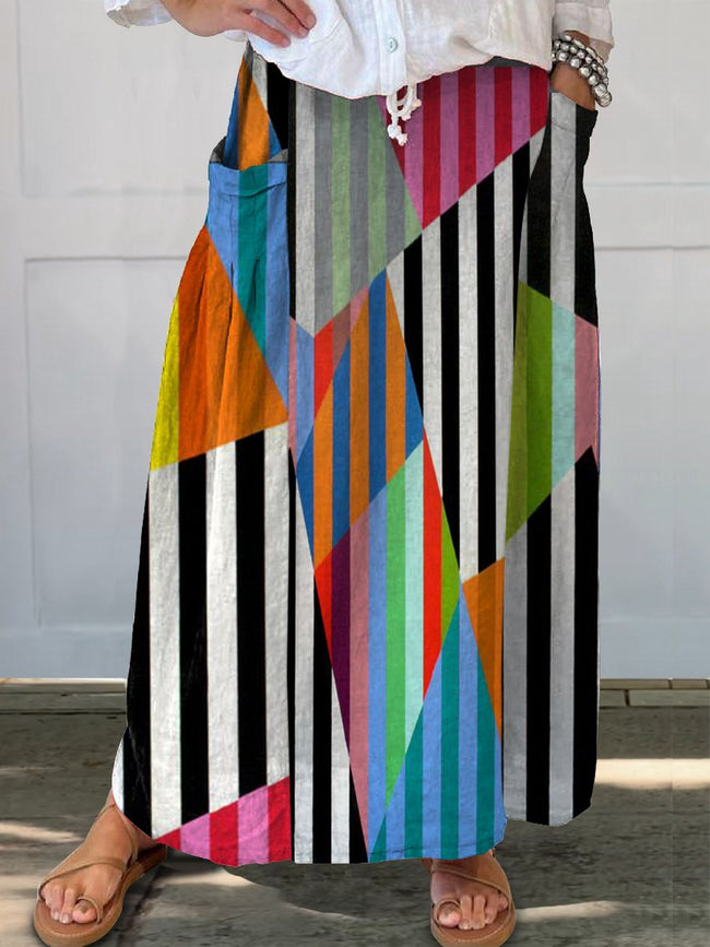 Women’s Black Stripes Colorful Geometric Print Linen Pocket Skirt Multicolor / S