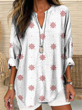 Simple Ethnic Style Geometric Pattern Printed Women’s Casual Linen V-Neck Shirt Whitered / S