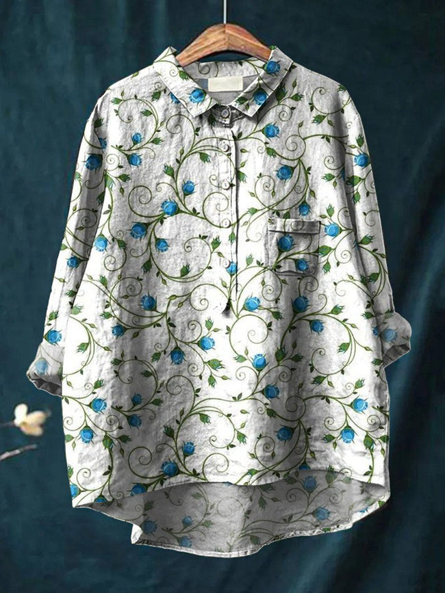 Women’s Floral Art Print Casual Cotton And Linen Shirt Multicolor / S