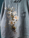 Women’s Vintage Elegant Lily Art Print Casual Cotton And Linen Shirt