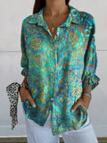 Women’s Retro Art Print Casual Linen Shirt Multicolor / S