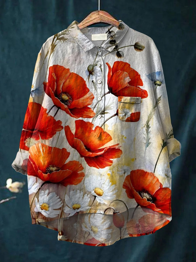 Flowers Print Casual Cotton And Linen Shirt Multicolor / S