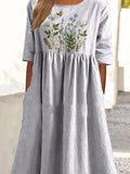 Embroidery Style Floral Bush Pattern Printed Women’s Pocket Cotton Dress