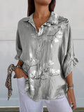 White Gardenia Floral Printed Women’s Casual Linen V-Neck Shirt Grey / S