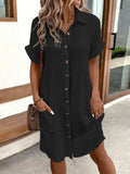 Women’s Casual Solid Color Button Down Short Sleeve Dress Black / S