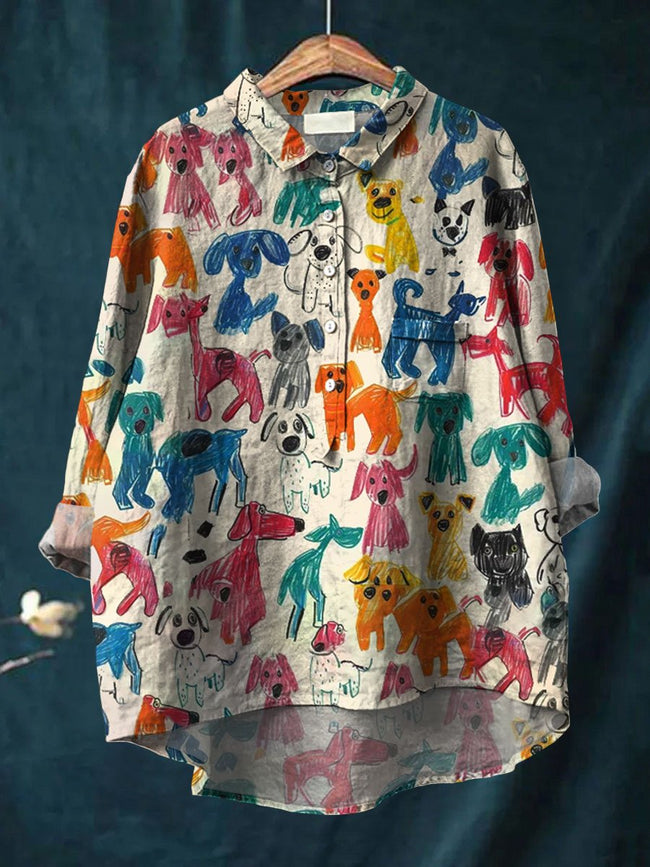 Women’s Kid Drawing Art Dog Print Casual Cotton And Linen Shirt Multicolor / S