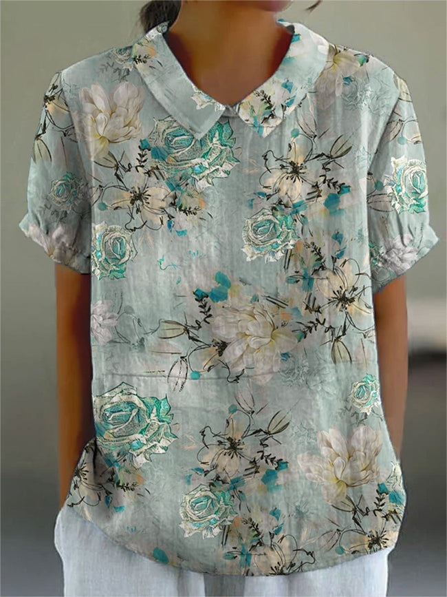 Women’s Flower Print Casual Cotton And Linen Shirt Multicolor / S