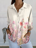 Women’s Pink Floral Print On Hem Casual Linen V-Neck Shirt Multicolor / S