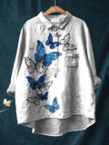 Women’s Vintage Lovely Butterflies Pattern Art Print Casual Cotton And Linen Shirt White / S