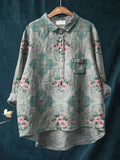 Women’s Vintage Floral Art Print Casual Cotton And Linen Shirt Multicolor / S