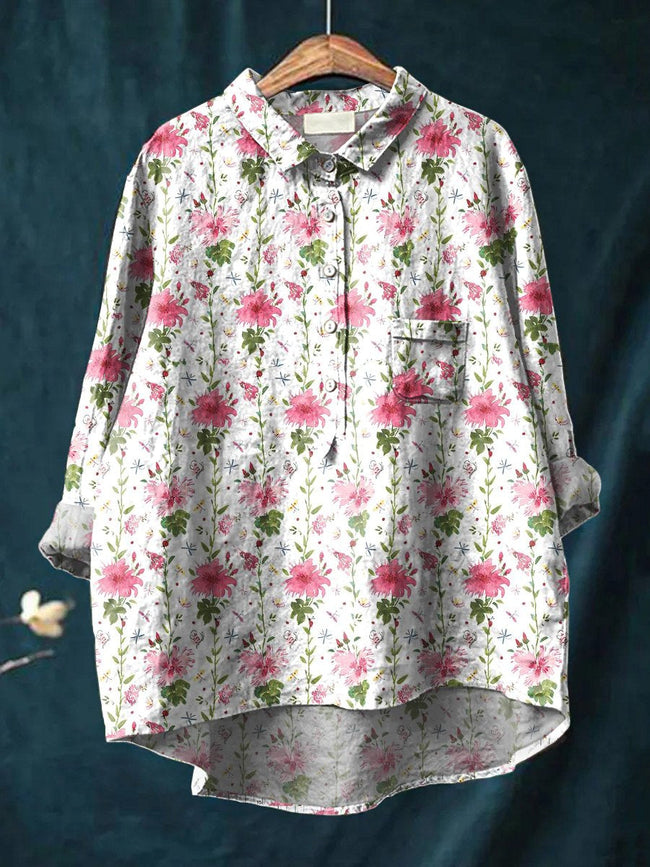 Women’s Floral Art Print Casual Cotton And Linen Shirt Multicolor / S