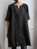 Women’s Solid Color V-Neck Cotton And Linen Casual Shirt Dress Black / S