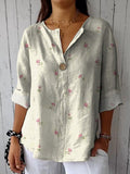 Petite Pink Spring Floral Pattern Printed Women’s Casual Cotton Linen Shirt Beige / S