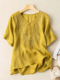 Women’s Cotton And Linen Short Sleeve Embroidery Blouse Yellow / M