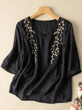 Embroidery Cotton And Linen Mid Sleeve Blouse Black / M