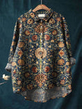 Vintage Art Print Casual Cotton And Linen Shirt Multicolor / S