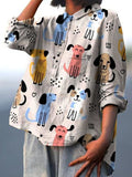 Women’s Retro Colorful Puppy Print Casual Cotton And Linen Shirt