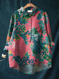 Women’s Flower Print Casual Cotton And Linen Shirt Pink / S