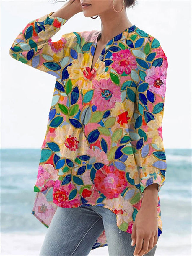 Women’s Flower Print Casual Linen V-Neck Shirt Multicolor / S