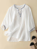 Cotton And Linen Embroidery V-Neck Mid Sleeve Summer Blouse White / M