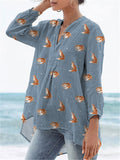 Petite Foxes Repeat Pattern Printed Women’s Casual Linen V-Neck Shirt Multicolor / S