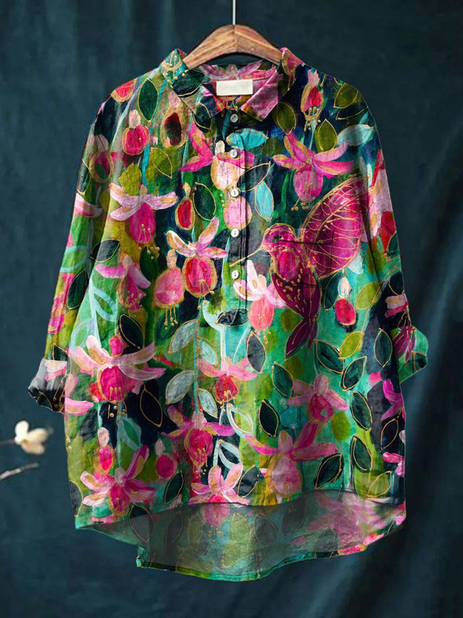 Women’s Flower Print Casual Cotton And Linen Shirt Multicolor / S