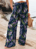 Midnight Purple Sage Floral Pattern Printed Women's Cotton And Linen Casual Pants