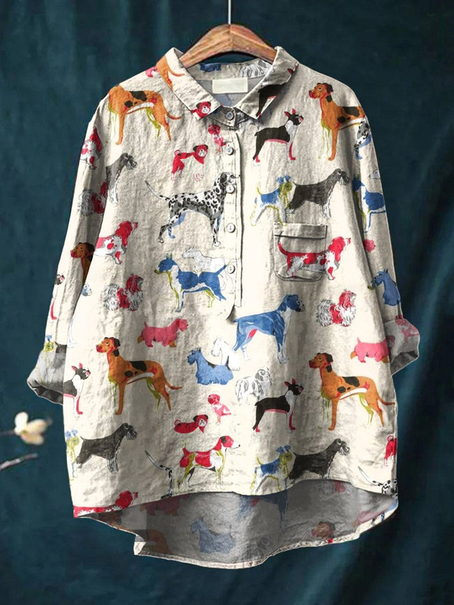 Women’s Funny Art Print Casual Cotton And Linen Shirt Multicolor / S