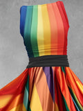 Women's Rainbow Stripe Art Pocket Design Maxi Dress