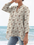 Small Woodland Wildlife Pattern Printed Women’s Casual Linen V-Neck Shirt Beige / S