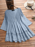 Women’s Jacquard Pleats And Lace Hollow V-Neck Shirt Lightblue / S