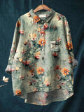 Women’s Retro Green Floral Print Casual Cotton And Linen Shirt Multicolor / S