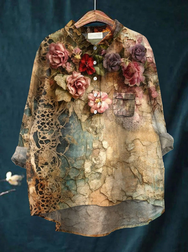 Women’s Vintage Flower Art Print Casual Cotton And Linen Shirt Multicolor / S