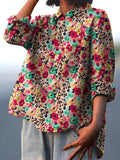 Women’s Red Floral Leopard Print Casual Cotton And Linen Shirt