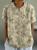 Vintage Style Small Rose Pattern Printed Women’s Casual Cotton And Linen Shirt Sand / S