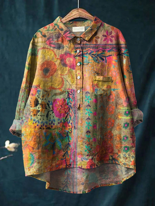 Women’s Vintage Flower Art Print Casual Cotton And Linen Shirt Multicolor / S