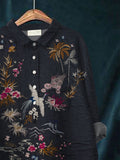 Women’s Vintage Flower Art Print Casual Cotton And Linen Shirt