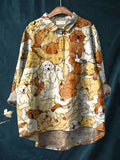 Vintage Lovely Dogs Art Print Casual Cotton And Linen Shirt Multicolor / S