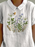 Embroidery Style Floral Bush Pattern Printed Women's Casual Cotton And Linen Shirt