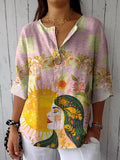 Women’s Retro Art Sun Print Casual Cotton And Linen Shirt Multicolor / S