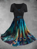 Women's Summer Peacock Feather Gradient Art Two Piece Dress