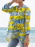 Summer Sea Fish Pattern Printed Women’s Casual Linen V-Neck Shirt Multicolor / S