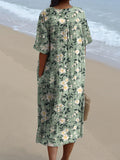 Women’s Small Flower Print On Green Background Pocket Linen Dress