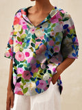 Colorful Spring Floral Garden Printed Women’s Casual Linen V-Neck Shirt Multicolor / S