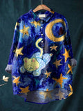 Vintage Lovely Cat Stars Moon Art Print Casual Cotton And Linen Shirt Multicolor / S