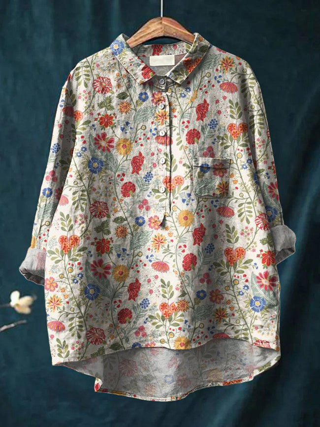 Women’s Floral Art Print Casual Cotton And Linen Shirt Multicolor / S