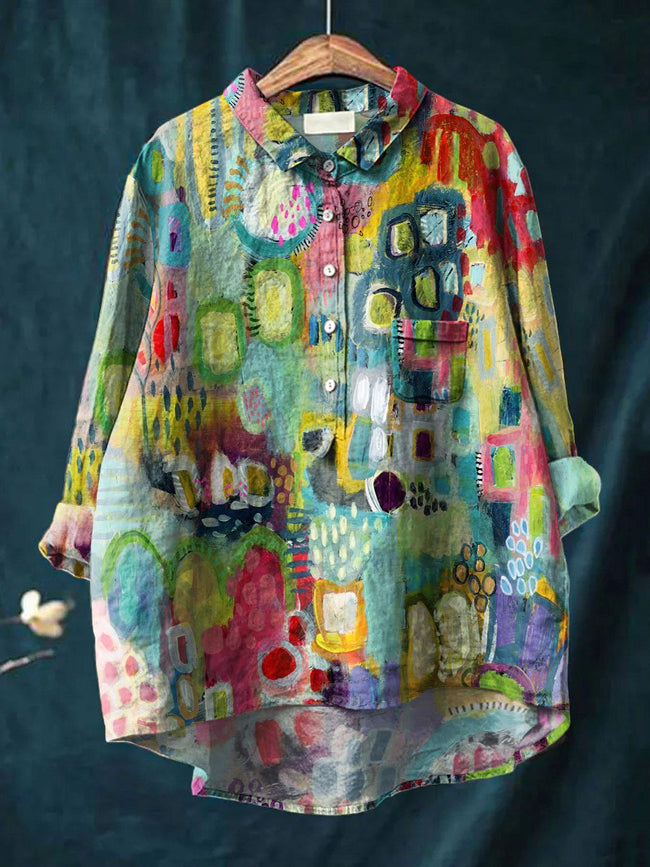 Women’s Multicolor Abstract Art Print Casual Cotton And Linen Shirt / S