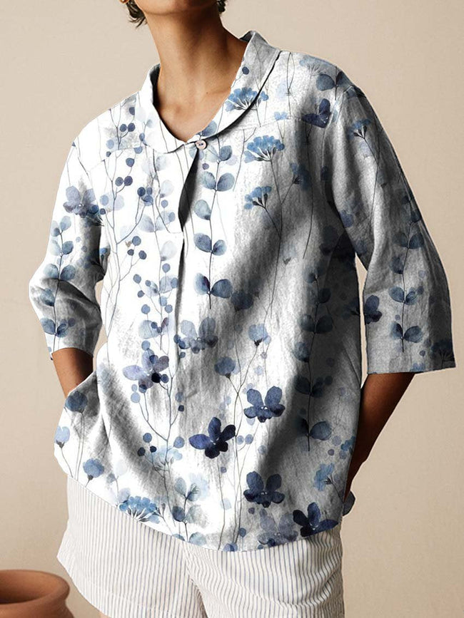 Women’s Blue Floral Print On White Background Casual Linen Cotton 3/4 Sleeve Shirt Multicolor / S