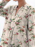 70S Style Vintage Rose Pattern Printed Women’s Casual Linen V-Neck Shirt