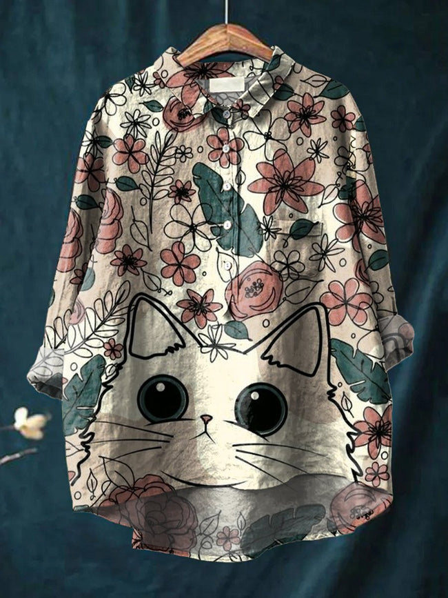 Women’s Cute Kitten Flowers Print Casual Cotton And Linen Shirt Multicolor / S